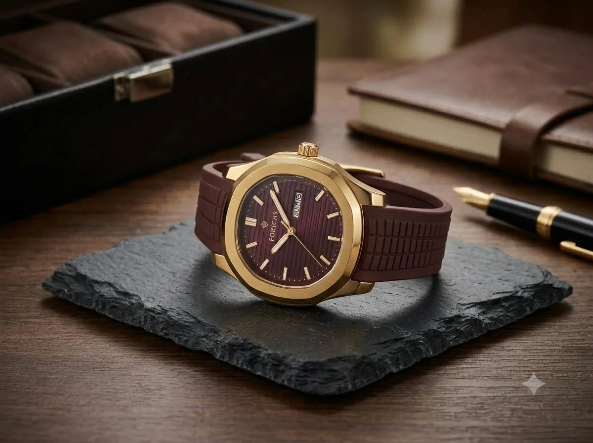 Gold & Burgundy Sport Watch – Rubber Strap