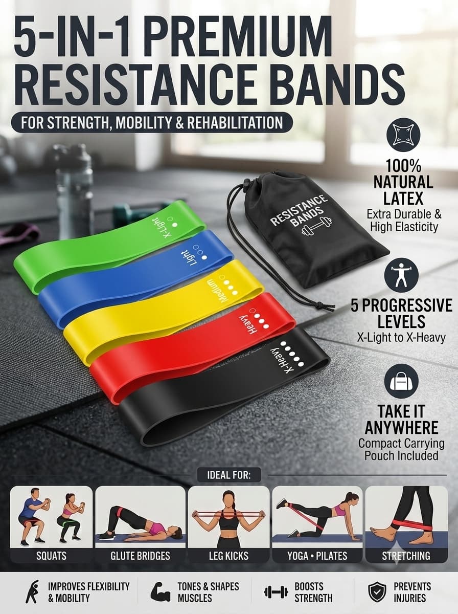 5-in-1 Premium Resistance Bands Set – 5 Resistance Levels