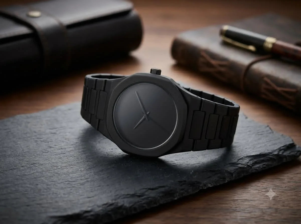 All-Black Minimalist Watch – Metal Bracelet