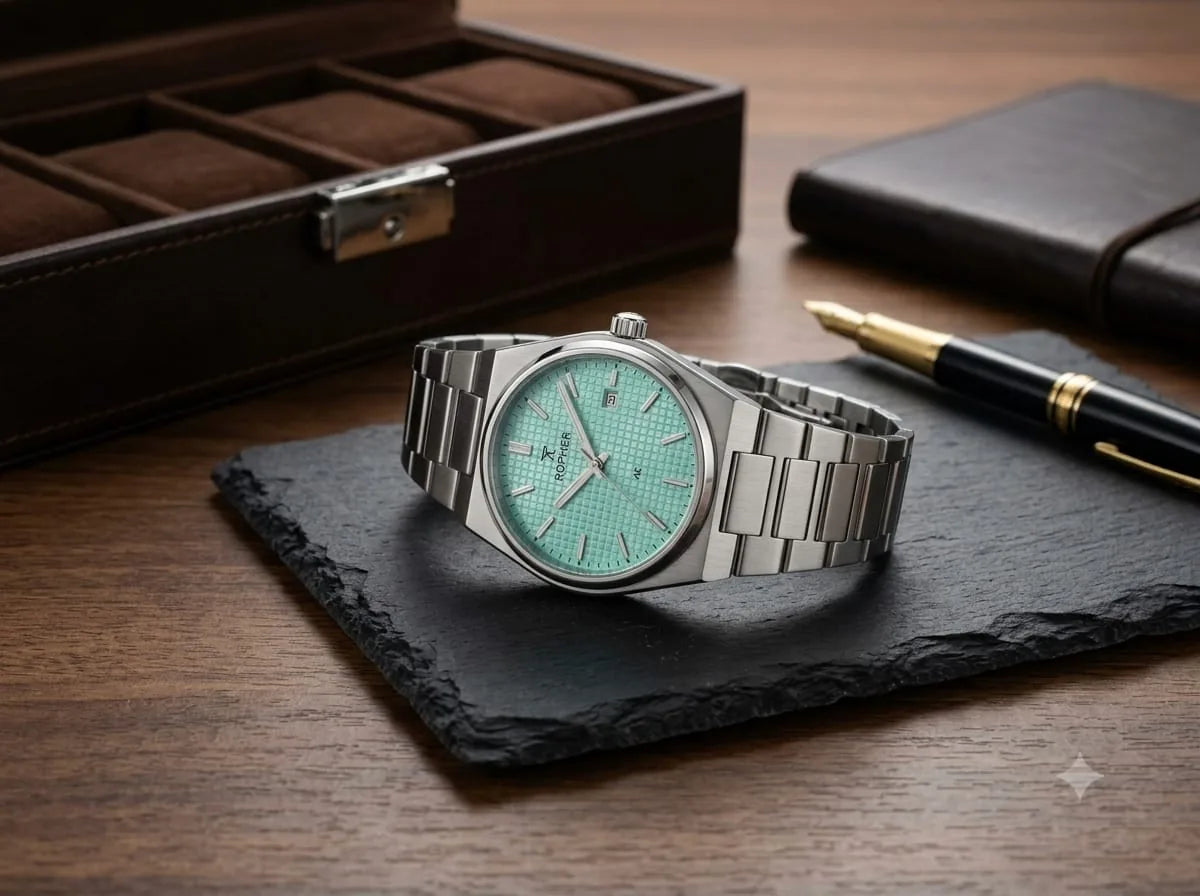 Aqua Dial Silver Watch – Integrated Metal Bracelet