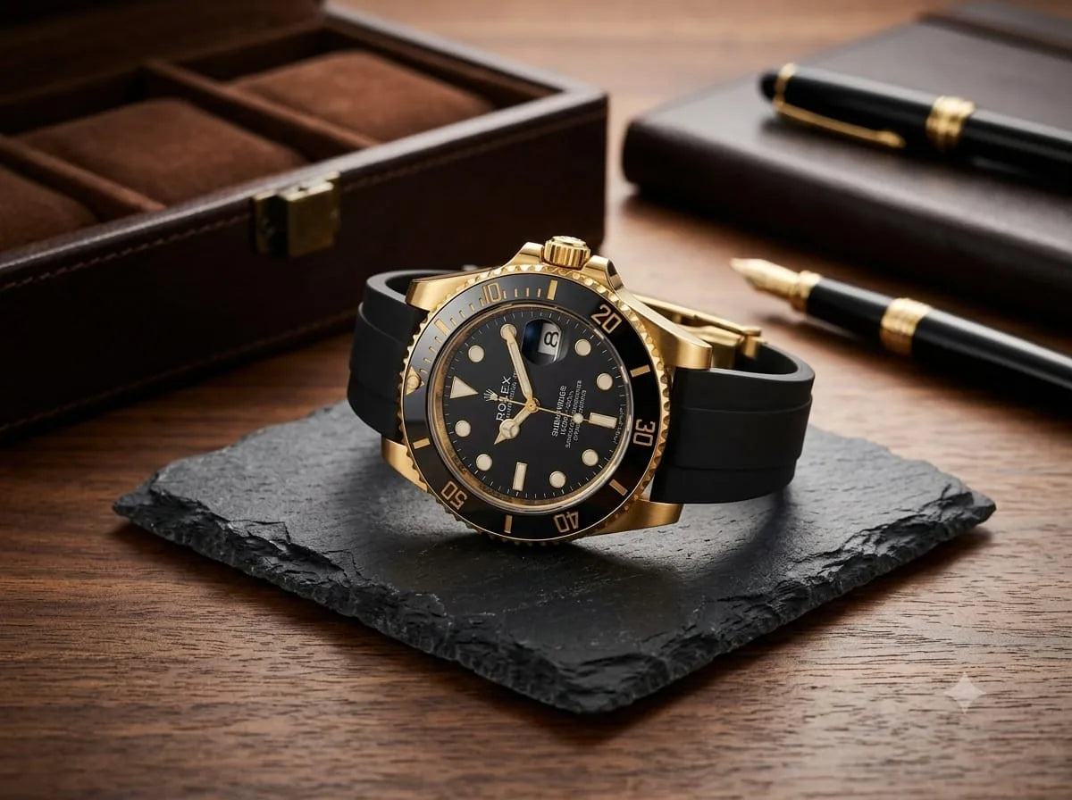 Black & Gold Diver-Style Watch – Rubber Strap