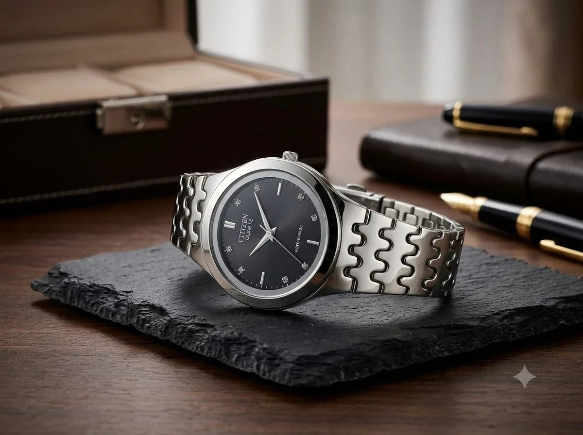 Black Dial Watch – Sculpted Silver Bracelet