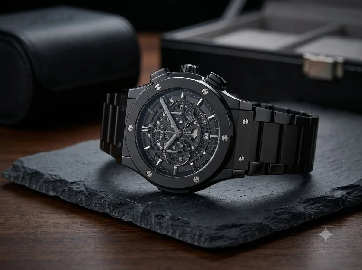 Black Skeleton Chronograph-Style Watch – Metal Bracelet