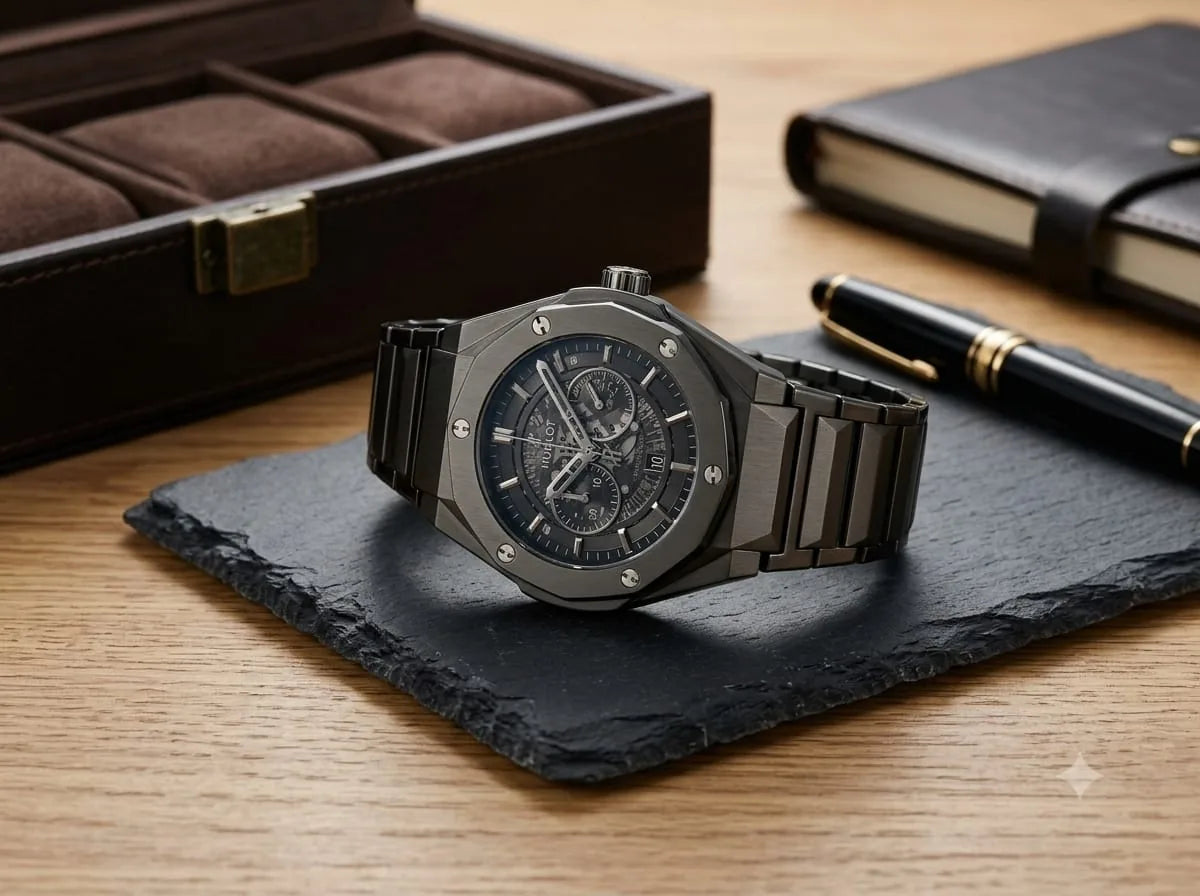 Black Skeleton-Style Watch – Integrated Bracelet