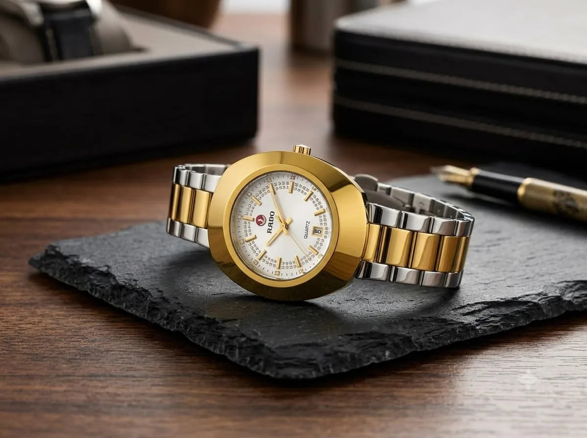 Gold & Silver Round Bezel Watch – White Dial