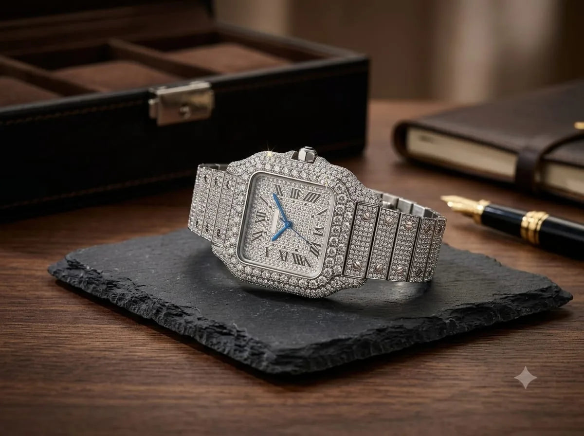 Iced-Out Silver Rectangular Watch – Crystal-Set Look