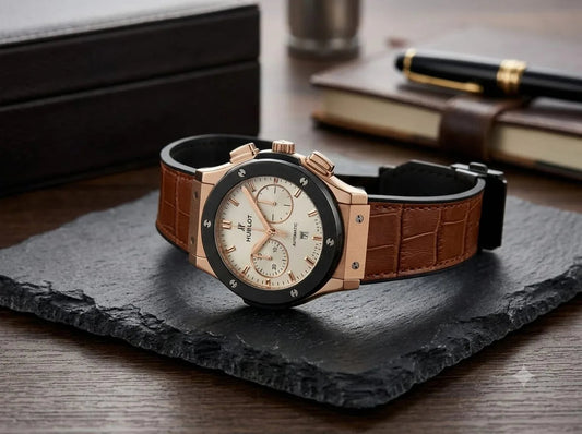 Rose Gold & Black Chronograph-Style Watch – Brown Strap