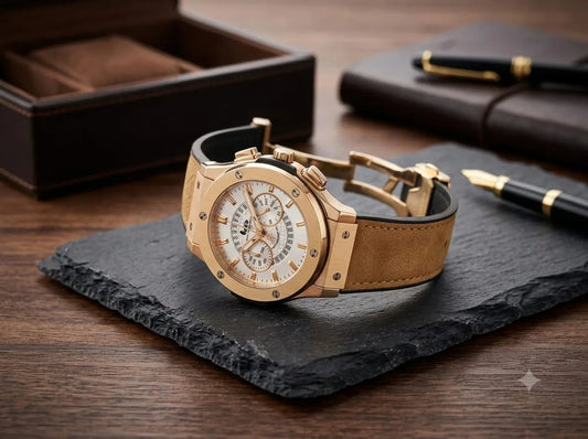 Rose Gold Chronograph-Style Watch – Tan Strap